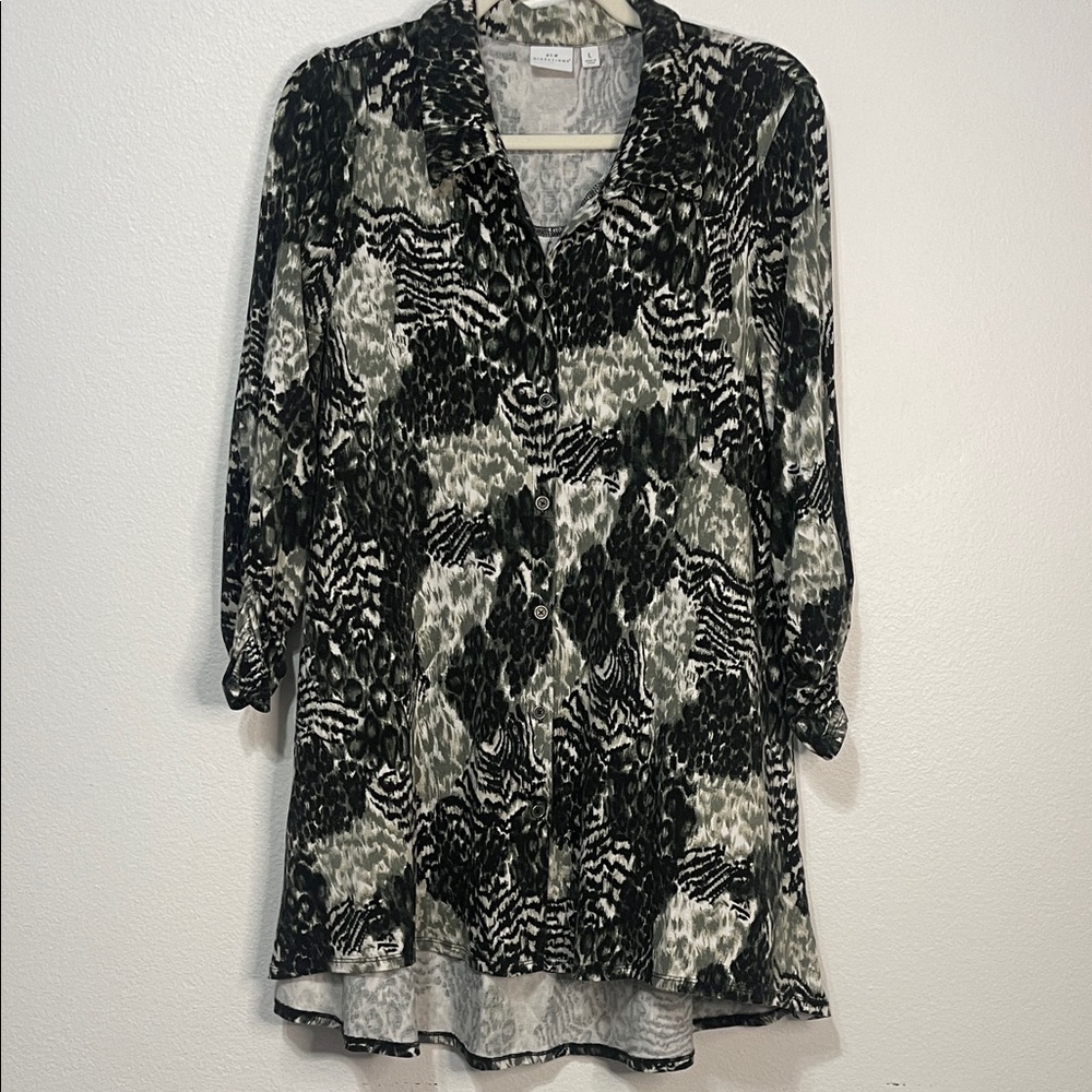 New Directions Dress/Tunic Black/Green/White Dress Size Large PTP 20”-22” EUC